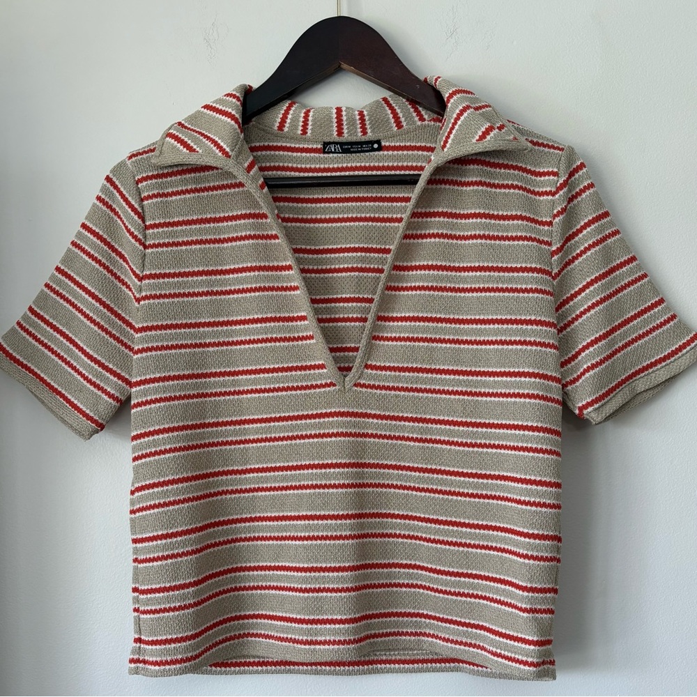 Zara Striped Knit Crop Polo Shirt Retro Throwback Womens Medium Y2K Preppy 90s